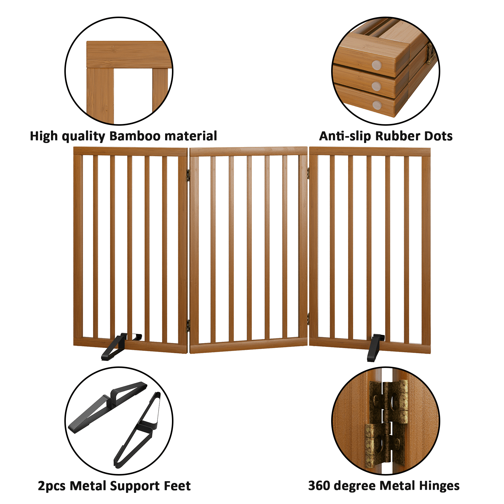 Smart FENDEE 33" Tall Foldable Bamboo Freestanding Pet Gate with Dog Gate and Support Feet, Expands to 55" Wide