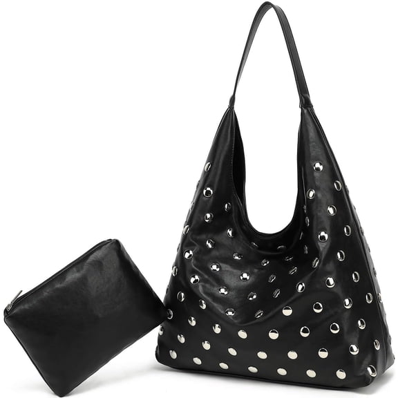 Women's Studded Hobo Bag, Vegan Leather Soft Slouchy Shoulder Bag, Trendy Tote Purse for Daily Work & Travel