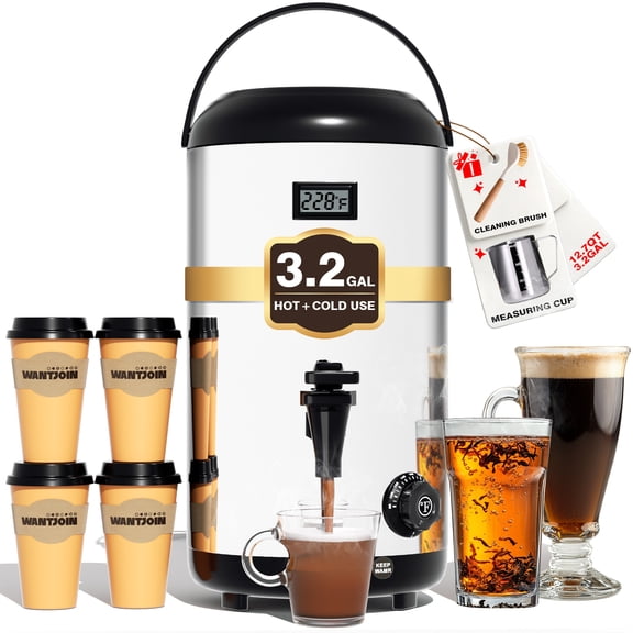 WantJoin 12L/3.2 Gallon Commercial Electric Hot Beverage Dispenser,Sliver,1000W Stainless Steel Insulated Drink Urn with Leakproof Spigot & Precision Temperature Control for Coffee, Tea, Milk
