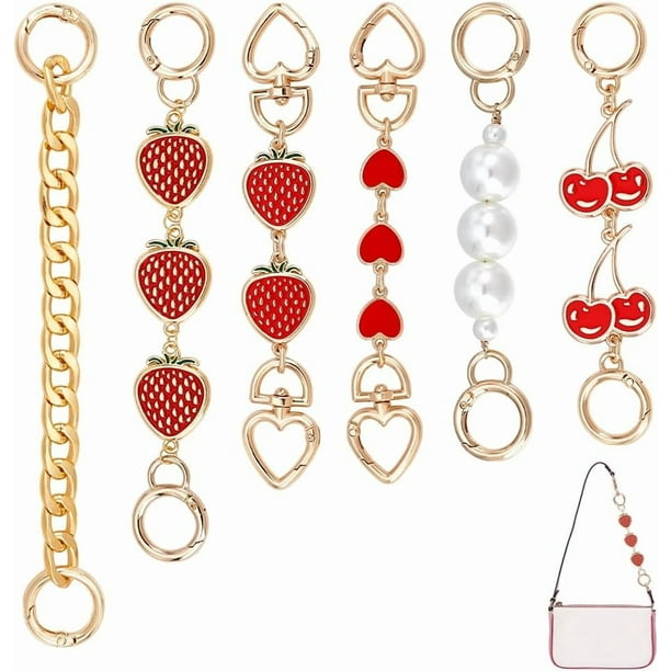 Cadena extensora para bolso de 6 estilos, de 5,9 a 8 pulgadas, con correas cortas, dijes para bolso con hebillas doradas y colgantes de corazón de cereza.