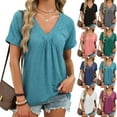thumbnail image 2 of Gnshining Summer Tunic Tops for Women Solid Color Loose Casual Tops Short Sleeve T-Shirt Pleated Sweatshirts V-Neck Going Out Tops, 2 of 8
