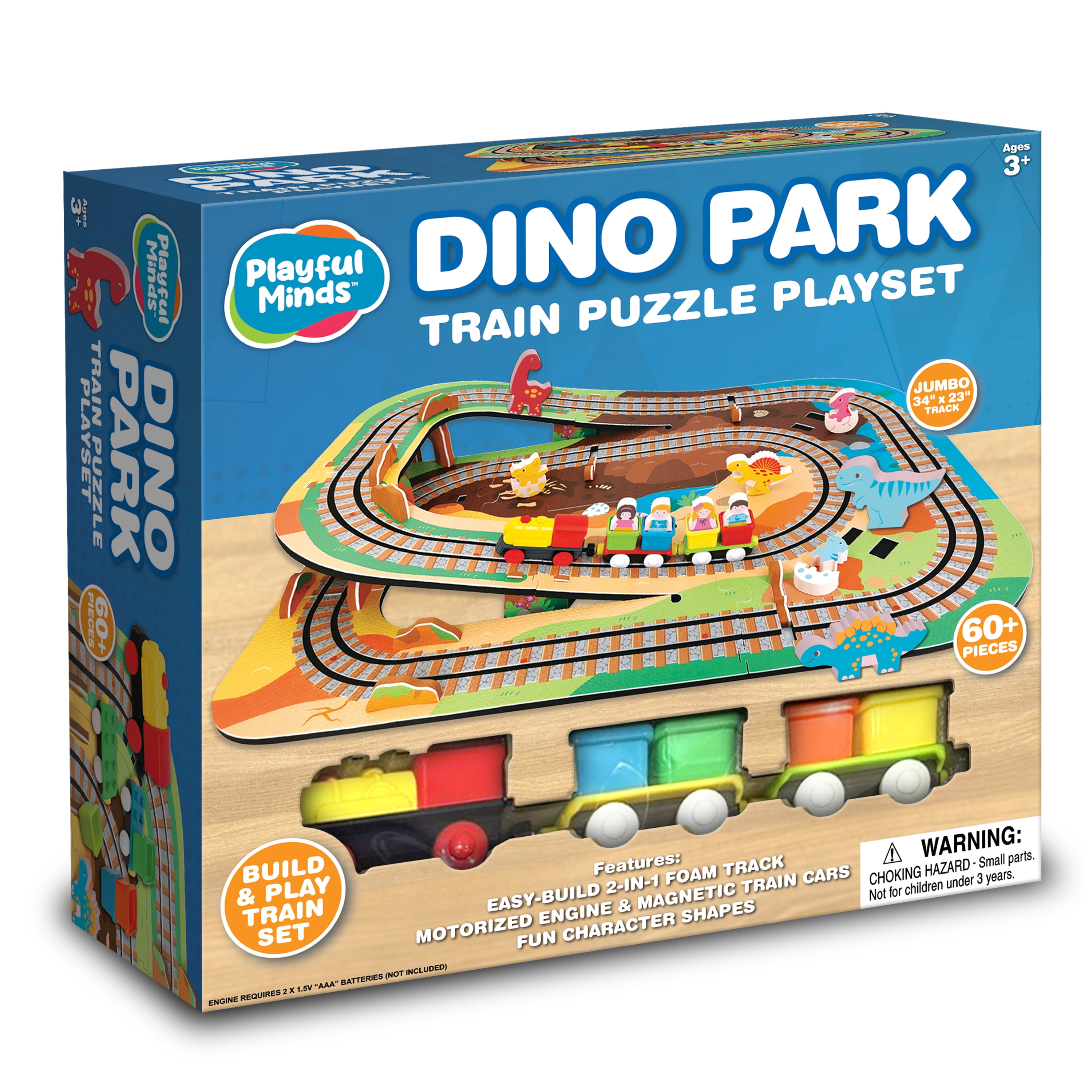 Playful Minds Dino Park Train Puzzle – 60 Pc Foam Track & Motorized Train Set for Kids 3-5