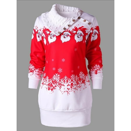 Women Winter Long Sleeve Santa Snowflake Pattern High Collar Christmas Dress