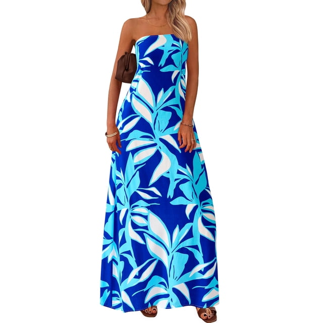 Vestido largo MASCOMODA para verano, estilo bohemio, floral, tubo, azul, XL, mujer