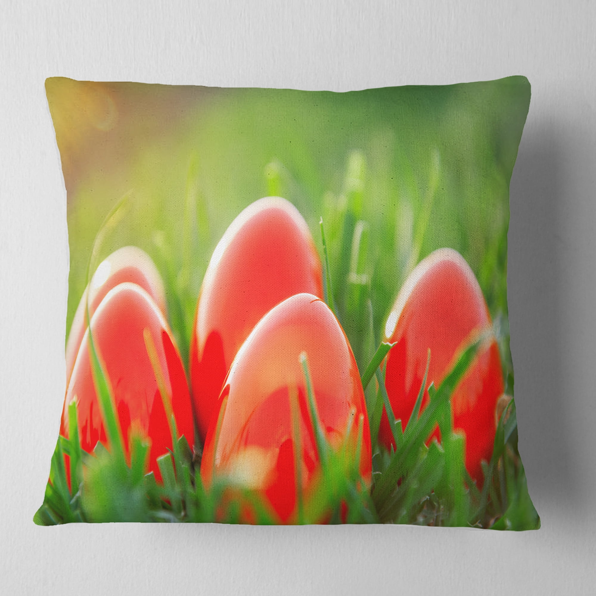 Designart Red Easter Eggs in Green Grass - Landscape Photography Throw Pillow - 16x16