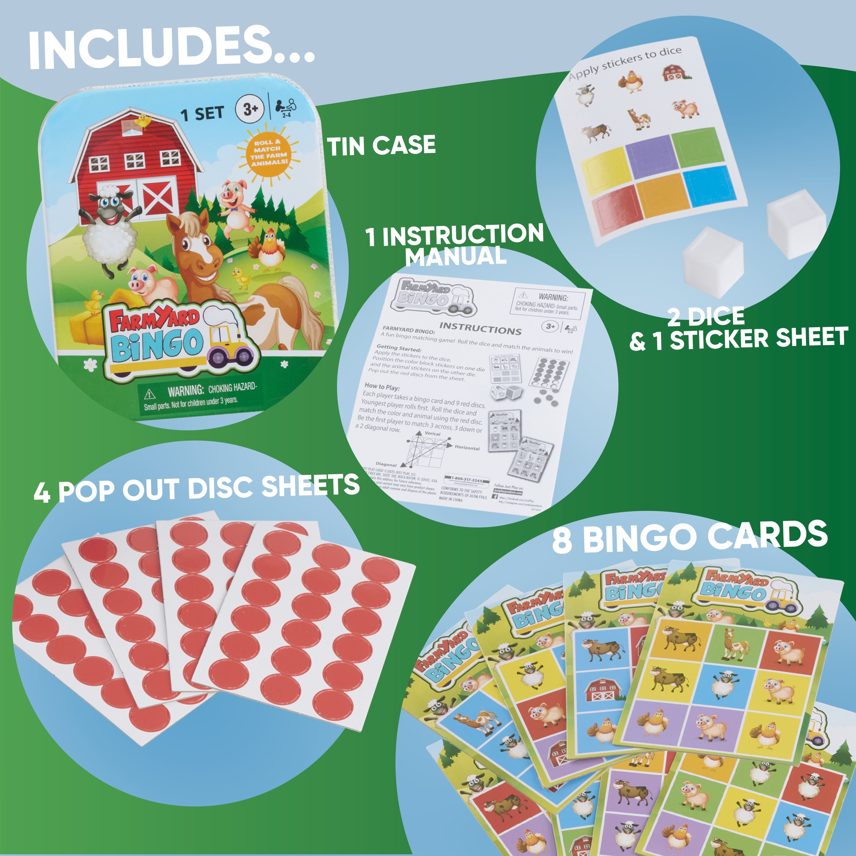 Just Play Farmyard Bingo Travel Game Tin, Kida Ages 3 and up (Walmart Exclusive)