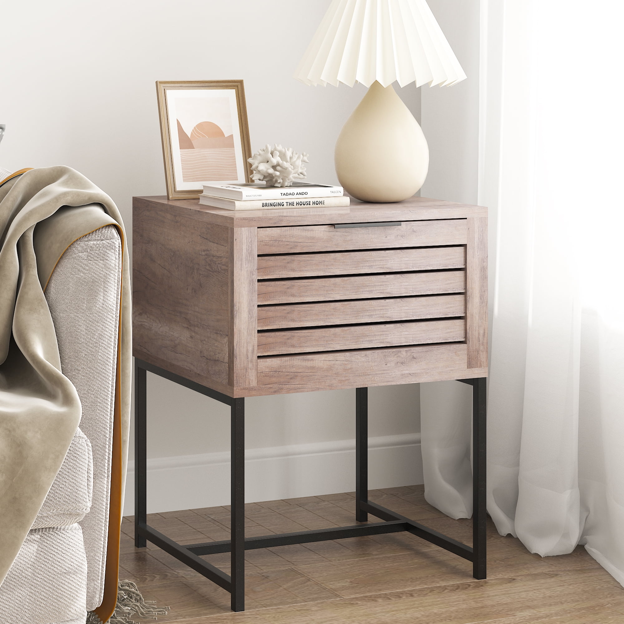 Soges Wood End Table Sofa Side Table with 1 Storage Modern