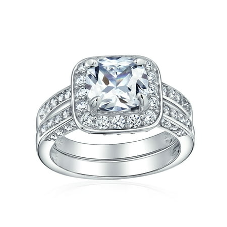 2CT Square Brilliant Cushion Cut Halo AAA CZ Pave Band Engagement Wedding Ring Set For Women 925 Sterling Silver