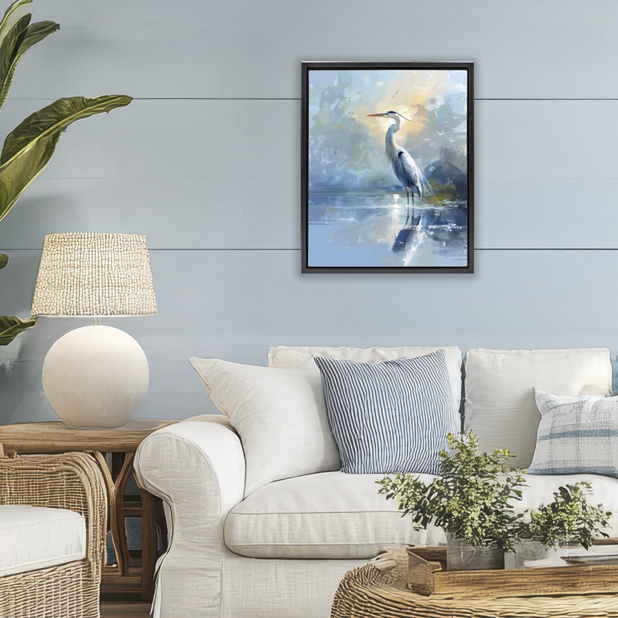 Stupell Industries Tranquil Heron with Dawn Glow Black Framed Floater Canvas Wall Art, design by Creative Studio
