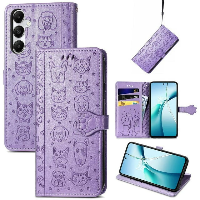 Funda Cartera FOXDOCK para Samsung Galaxy A17 , Flip PU con Relieve de Gatos y Perros, Tarjetero y Soporte