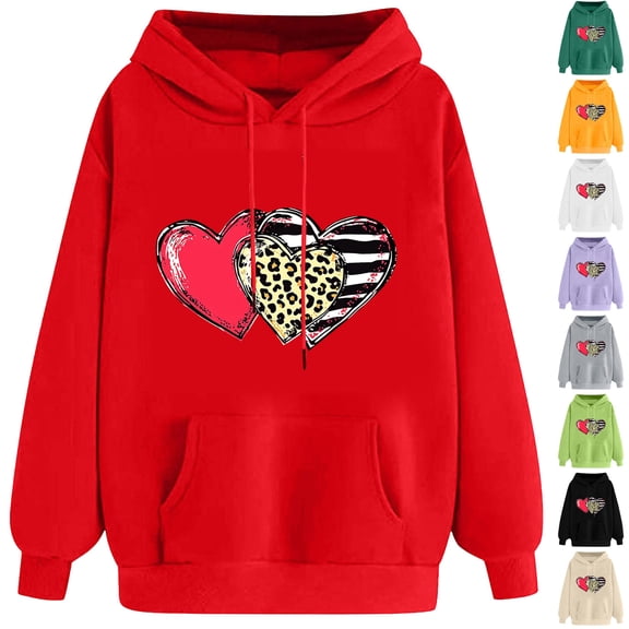 VBTAPA Women's Pullover Hoodie, Valentines Day Heart Printed Long Sleeve Drawstring Hooded Sweatshirts for Juniors, Gift Hoodies Tops for Ladies Army Green S