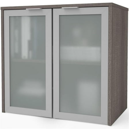 Pemberly Row 2 Frosted Glass Door 30" Wooden Desk Hutch in Bark Gray