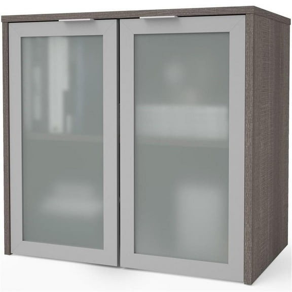 Pemberly Row 2 Frosted Glass Door 30" Wooden Desk Hutch in Bark Gray