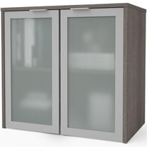 Pemberly Row 2 Frosted Glass Door 30" Wooden Desk Hutch in Bark Gray