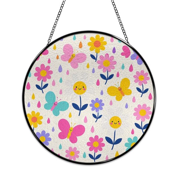 RKSupls Round Stained Glass Window Suncatcher, Butterflies Daisy Flowers Rain Ornament with Metal Hook & Chain, Solid Glass Indoor Wall Decor for Home Holiday