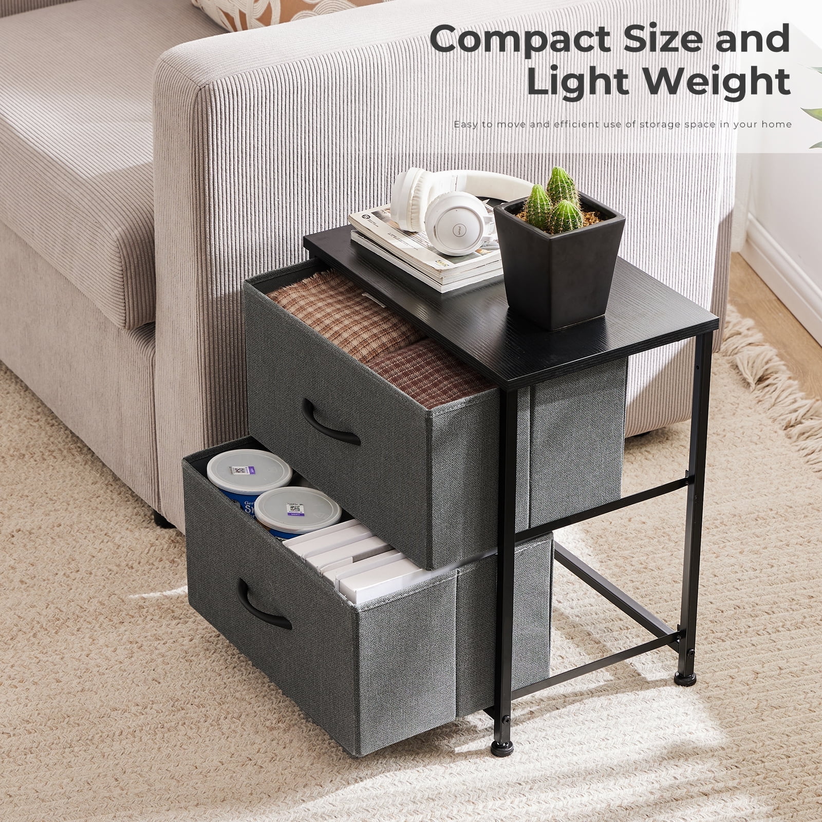 JOINSUN Grey Nightstand Dressers with 2 Fabric Drawers, Ideal for Bedroom Organization, Set of 2