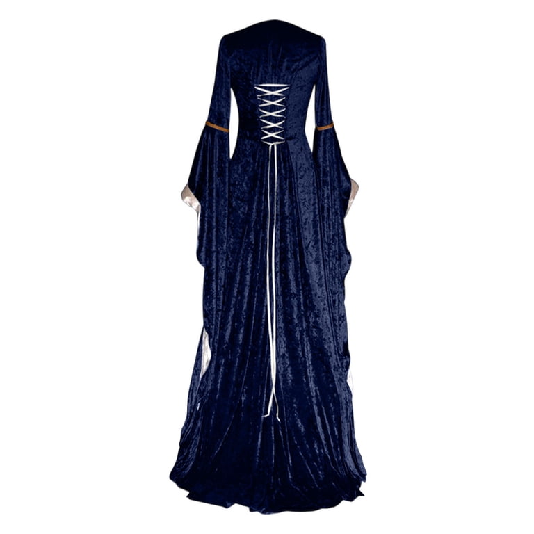 FAVIPT Womens Plus Size Renaissance Dress Fairy Velvet Queen Long Dresses Squareneck Bell Long Sleeve Costumes Medieval Irish Peasant Dress Navy,XXXXXL