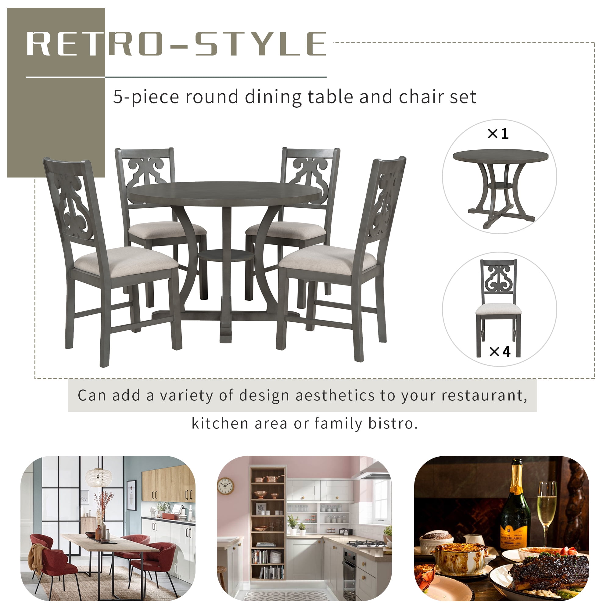 Harper & Bright Designs 5 Pieces Wooden Round Dining Table and Chair Set with Special-shaped Legs and an Exquisitely Designed Hollow Chair Back for Dining Room