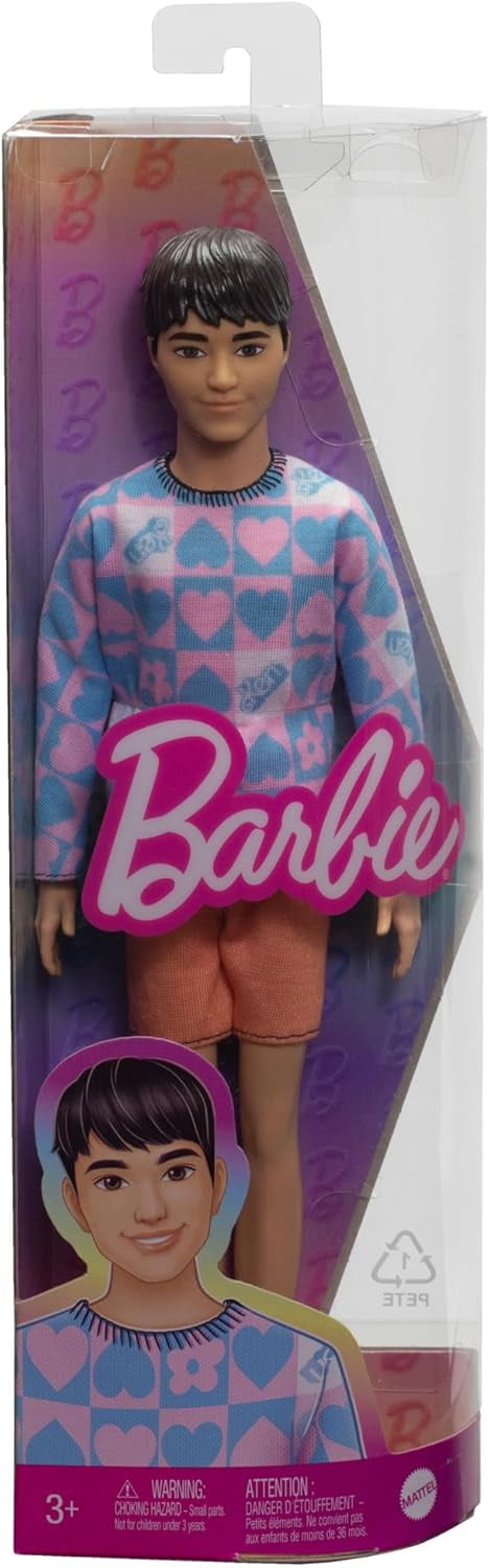 Barbie Fashionistas Ken Doll #219 with Slender Body Wearing a Removable Long-Sleeve Pink & Blue Patterned Shirt with Shorts
