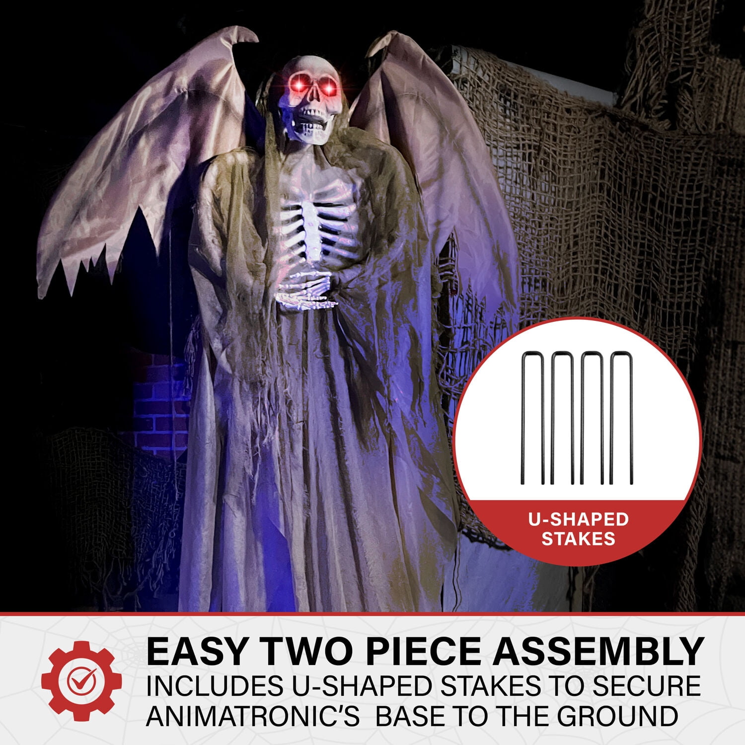 Haunted Hill Farm 5.5 ft Life-size Animatronic Reaper with Wings, Halloween Decoration, HHWINGSKEL-4FLSA