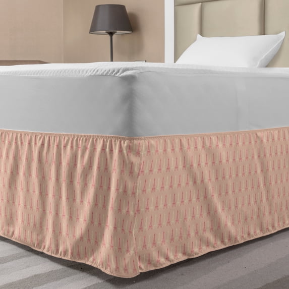 Paris Bed Skirt, Soft Colors Eiffel Tower Pattern France Landmark Repetitive Design, Elastic Bedskirt Dust Ruffle Wrap Around for Bedding Decor, 4 Sizes, Pale Yellow Dark Coral, by Ambesonne