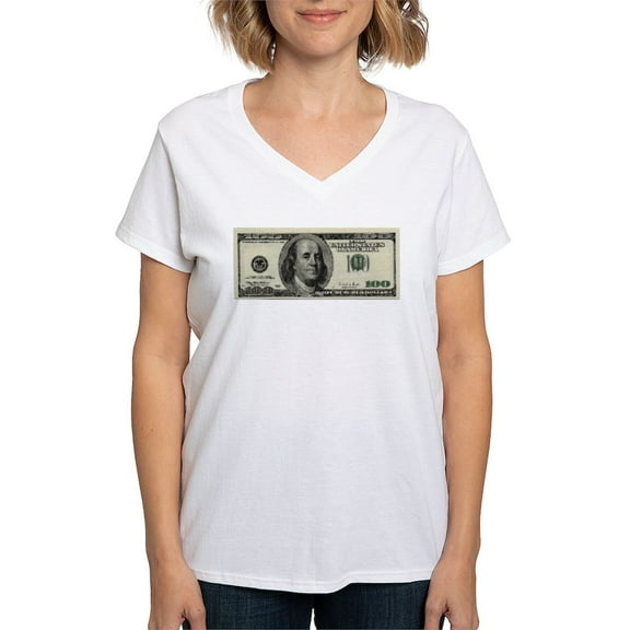 CafePress - 100 Dollar Bill Women's V Neck T Shirt - Womens Cotton V-Neck T-shirt