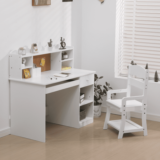Kojooin Study Desk and Chair Set, Kids Learning Desk with Bulletin Board, Keyboard Drawer and Open Shelves
