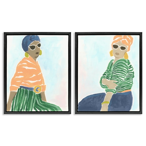 Stupell Industries Trendy Summer Style Women People Painting Black Floater Framed Canvas Art Print Wall Art, 17 x 21, Set of 2