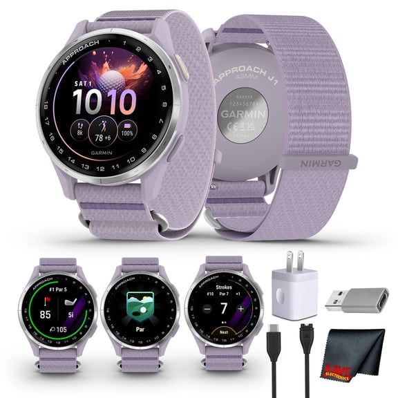 Garmin Approach J1, Junior Golf Watch with GPS, Bright and Colorful Display,Features for Learning and Improving, Silver Aluminum Bezel with Lilac ComfortFit Fabric Band Bundle