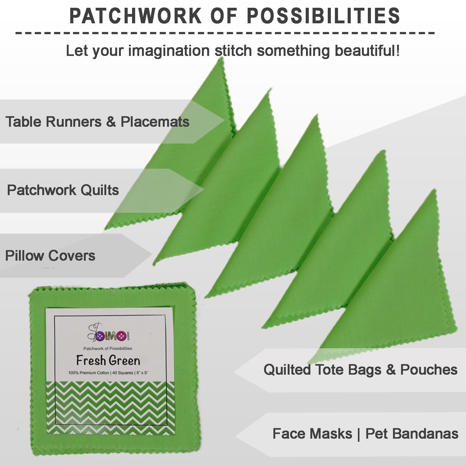 Soimoi 40 Pcs Solid Cotton Fabric Squares Bundles Charm Packs for Quilting, Fat Quarter Layer Cakes, Fabric Scraps for Crafts,Precuts Quilt Squares 5 x 5 inches, DIY Fabric Bundle - Fresh Green