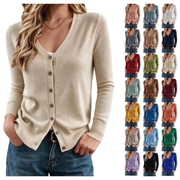 XRoczxe Women's V Neck Button Down Cardigan Sweater, Soft Lightweight Knit Long Sleeve Top, Casual Fall Winter Layering Basic Outerwear