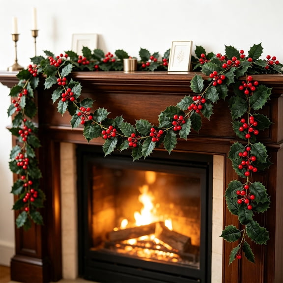 Bcylexb 4 Pcs Christmas Holly Garland, 14.9“ Artificial Greenery Garland with Red Berries Hanging Vines for Fireplace Table Mantel Wall Indoor Christmas Decorations