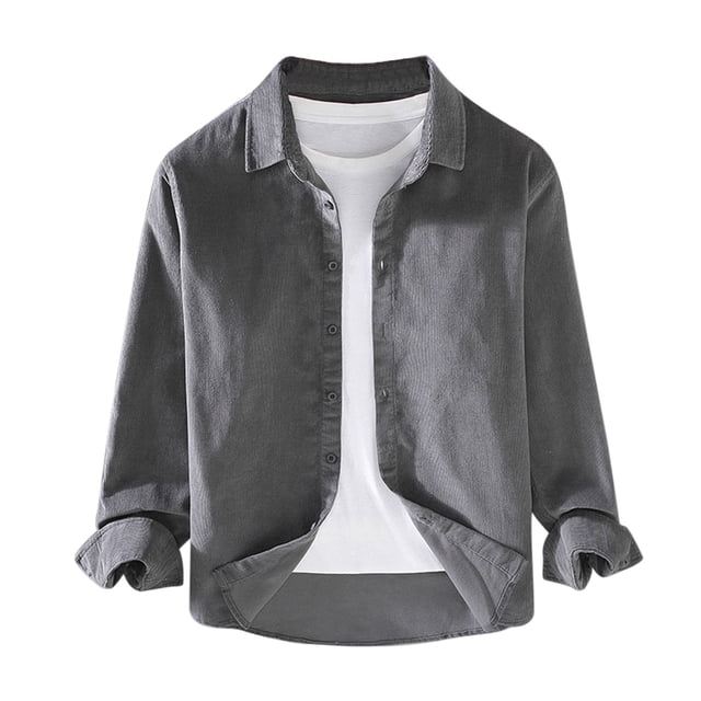 Camisas De Vestir Para Hombre Slim Fit Camisa de pana retro para hombre con solapa de color liso Camisa de manga larga a la moda (Grey, XL)