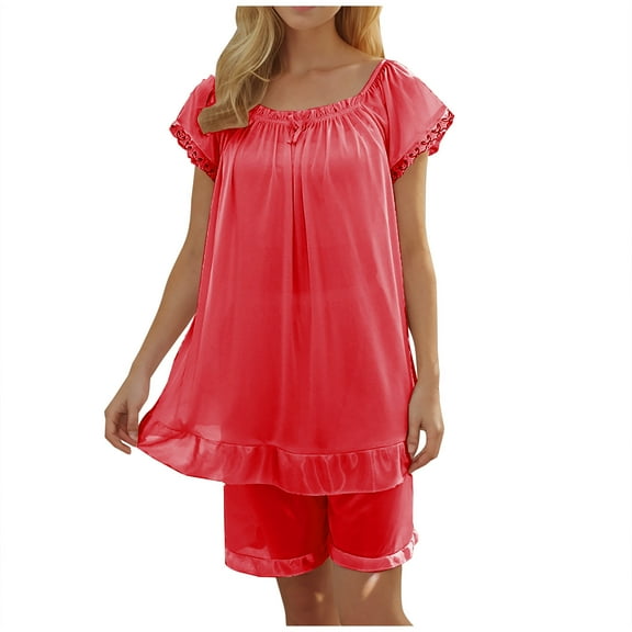 XuJwPNcy Womens Pajama Sets Ruffle Trim Short Sleeve Top and Shorts 2 Piece Sleepwear Set Pjs Loungewear