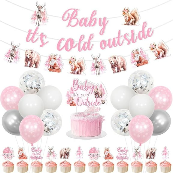 Pink Winter Forest Baby Shower Decorations Set, Baby It’s Cold Outside Banner Cake Cupcake Toppers, Snowflake Woodland Animals Pregnancy Announcement Party Supplies