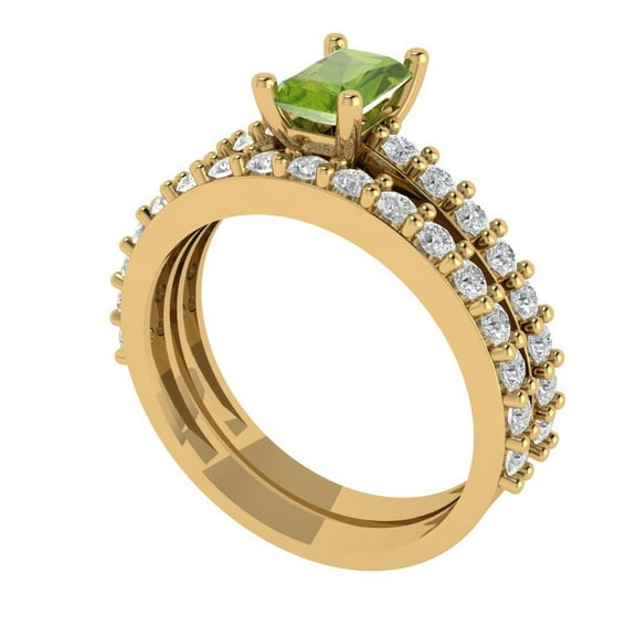 1.16 ct Brilliant Emerald Cut Natural Peridot 14k Yellow Gold Solitaire with Accents Engagement Bridal Wedding Ring Band Set size 6.75