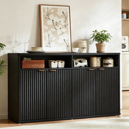 LELELINKY 45" Fluted Sideboard Buffet with 4 Doors & Open Shelf, Wood Storage Cabinet for Living Room, Entryway, Black