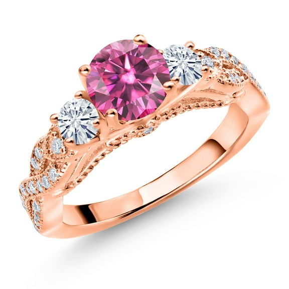 Gem Stone King 18K Rose Gold Plated Silver Pink Moissanite and White Moissanite Engagement Ring for Women (1.27 Cttw, Gemstone, Round 6MM and 3MM, Size 7)