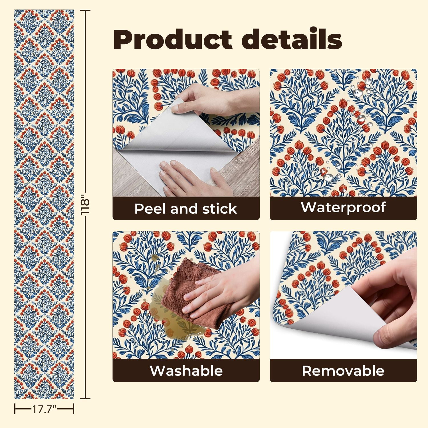 Peel and Stick Wallpaper 17.7in x 9.8ft Floral Blue Leaves Red Flowers Cream Contact Paper Vinyl Self-Adhesive Removable Wall Paper for Bedroom Nursery Bathroom Renter Friendly
