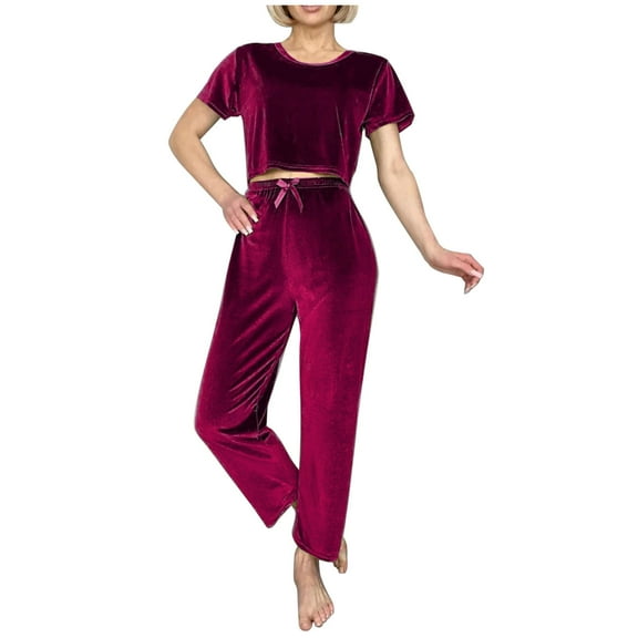 Kaemgyyd Pajama Sets for Women Velvet Sleepwear 2 Piece Outfit Trendy Lounge Sets Soft Short Sleeve Crop Top and Long Pants