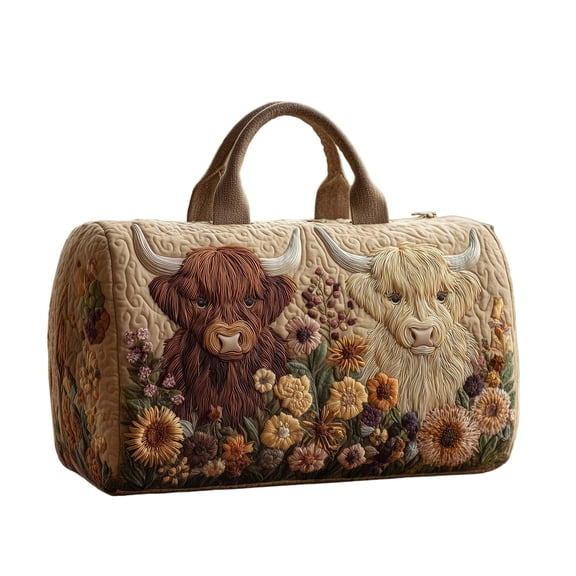 HuiXinOu Highland Cow Travel Bag Quilted Embroidered Tote Handbag for Women Portable Storage Bag for Daily Use