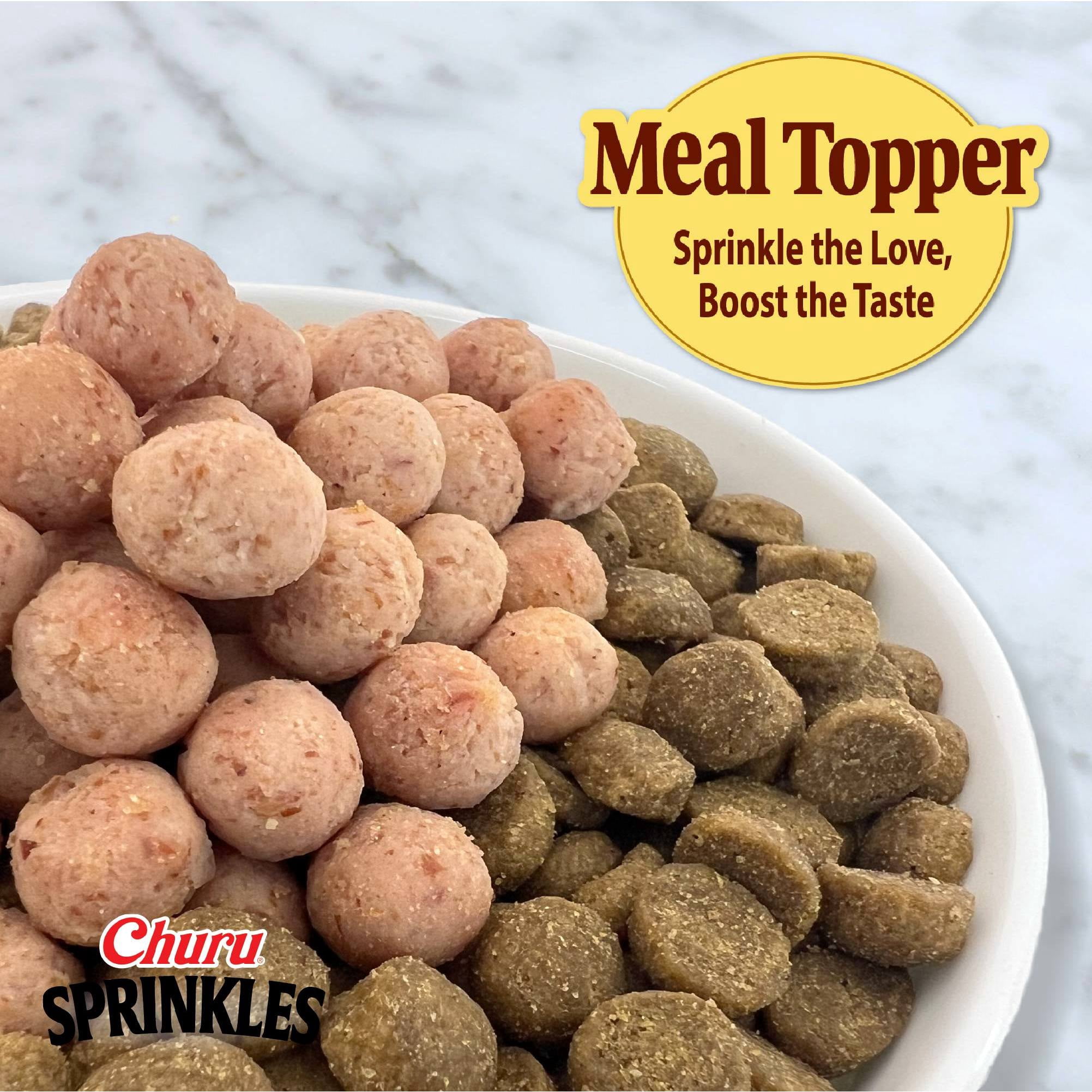 (16 pack) INABA Churu Sprinkles Cat Meal Topper, Soft & Chewy Baked Chicken with Taurine, Tuna & Salmon Recipe, 0.35 oz Packs, 3‑Count