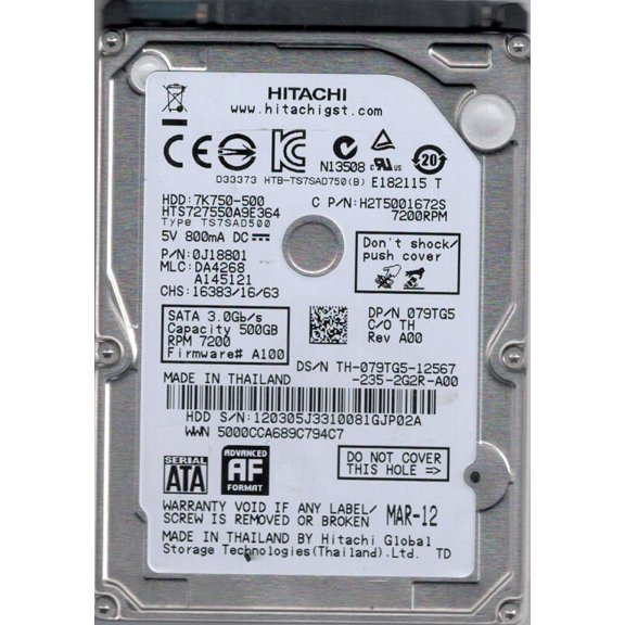 Hitachi HTS727550A9E364 P/N: 0J18801 MLC: DA4268 500GB