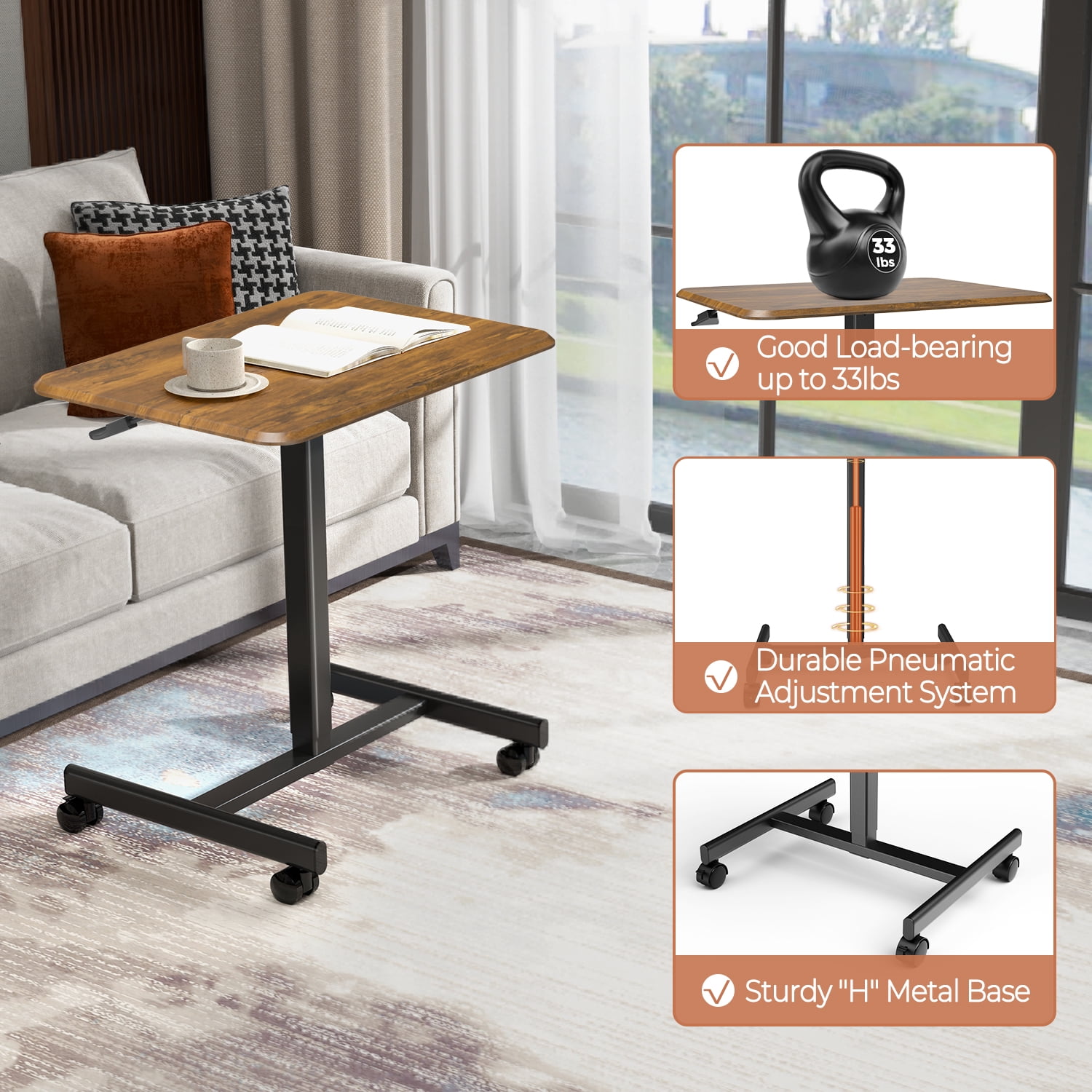 MAYEERTY Mobile Laptop Stand Rolling Desk with Adjustable Height for Home, Office, Brown