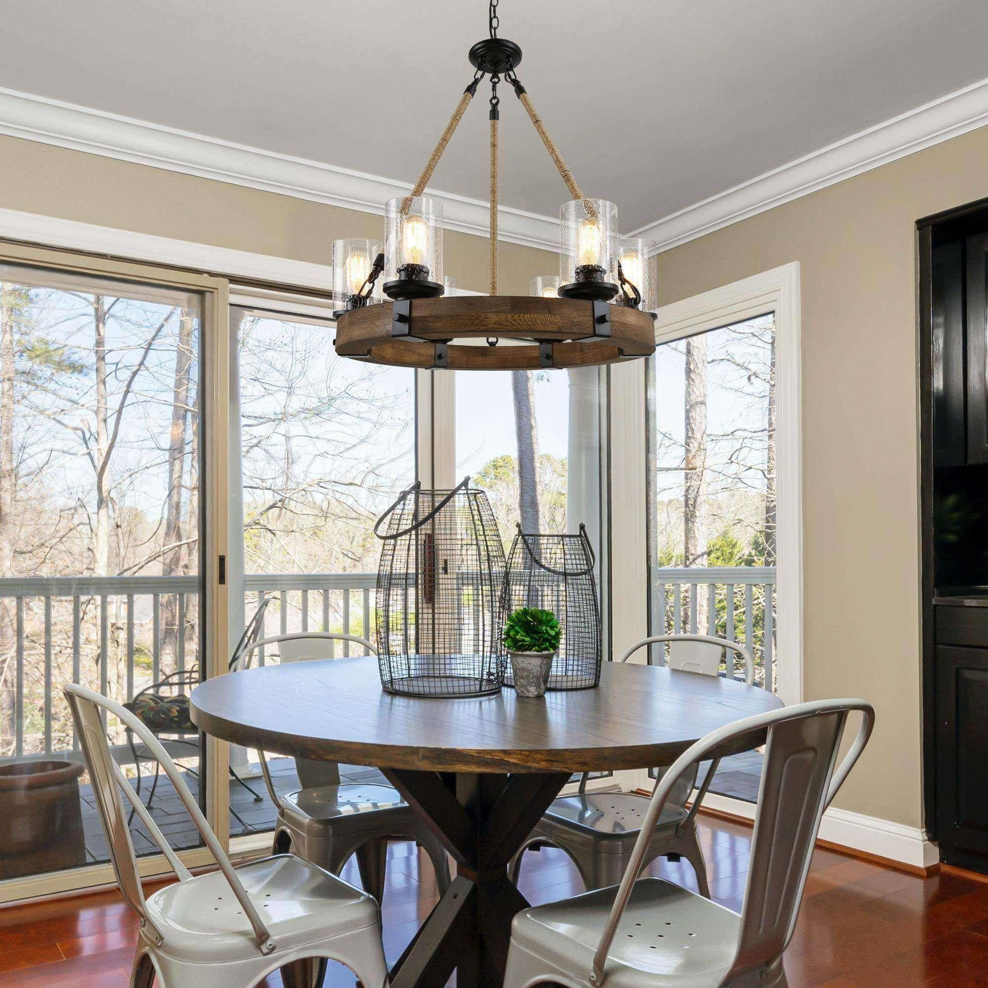 LNC 6-Light Distressed Wood and Black Wagon Wheel Chandelier with Seeded Glass