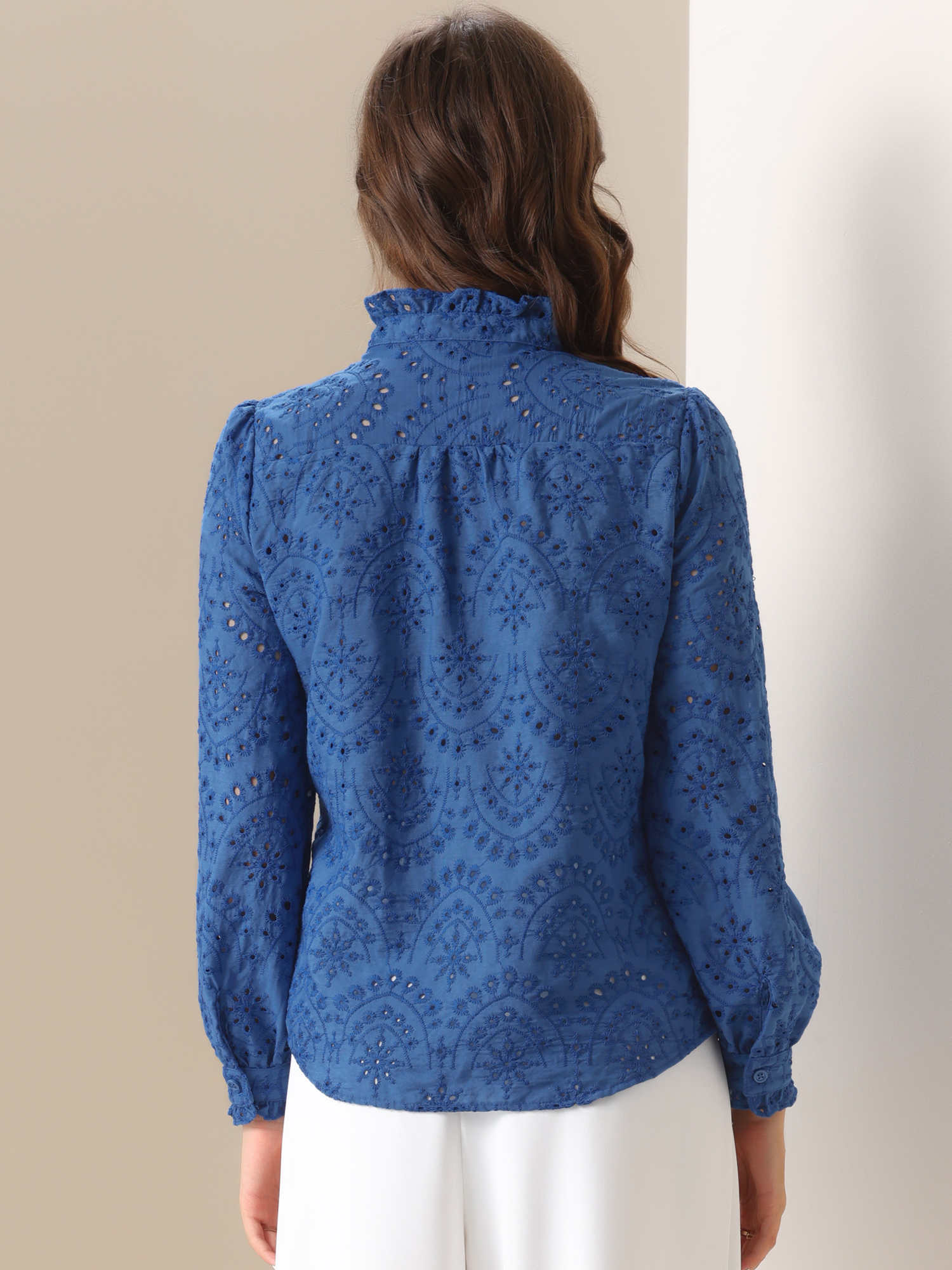 DARING DIVA Women's Ruffled V Neck Casual Work Swiss Shirts M Royal Blue