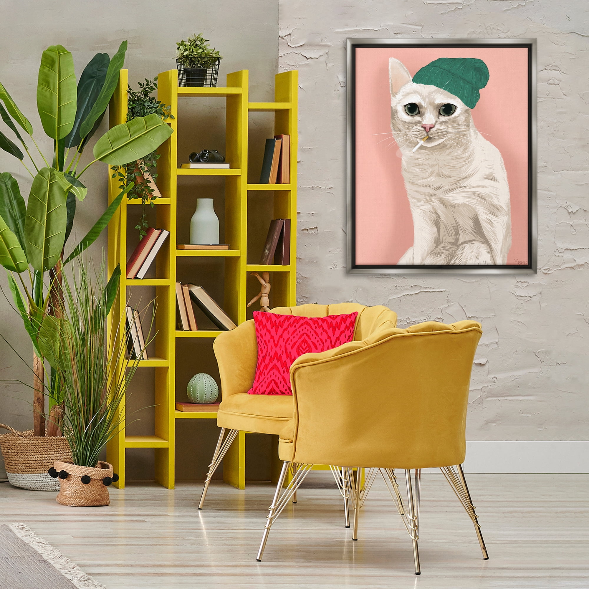 Stupell Industries Hipster Cat with Beanie Animals Painting Gray Floater Framed Canvas Art Print Wall Art, 25 x 31