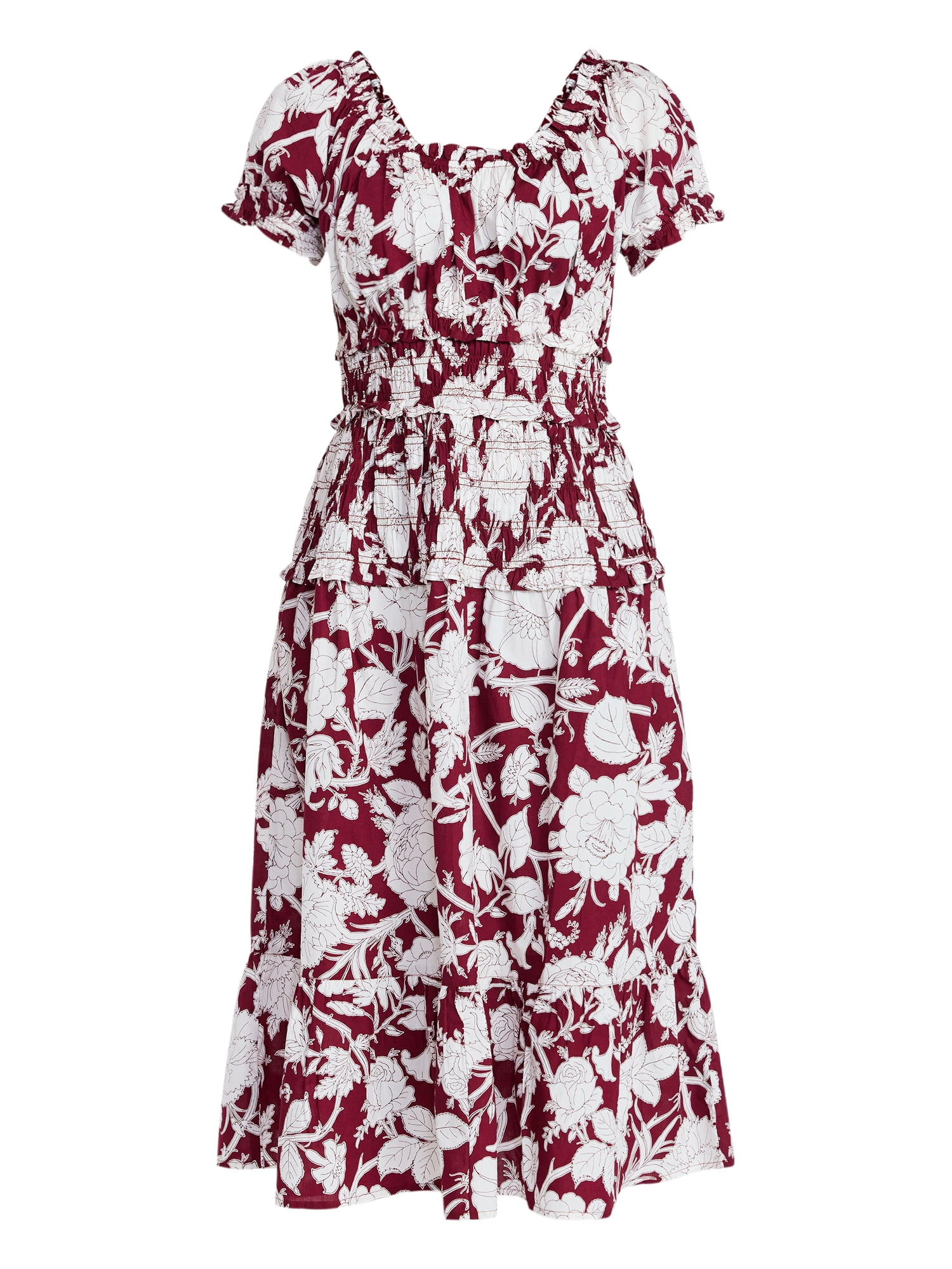 Time and Tru Women's Smocked Cotton Peasant Dress with Short Sleeves, Sizes XS-XXXL