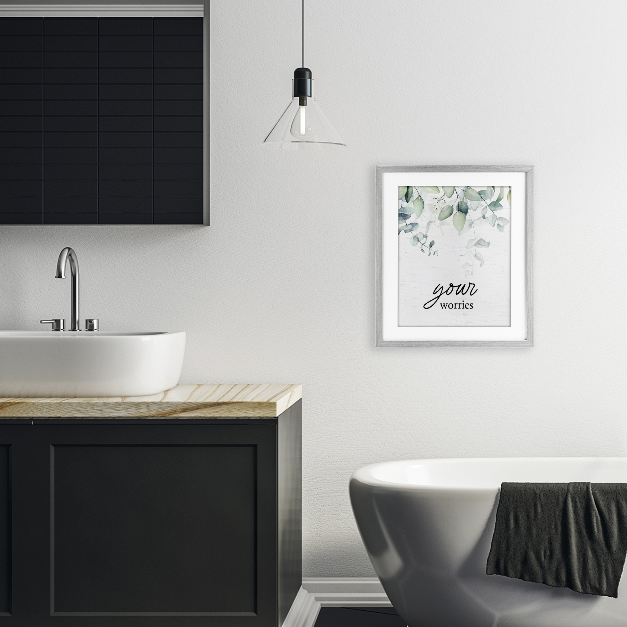 Your Worries Eucalyptus Gray Framed Print Under Glass, design by Lettered and Lined