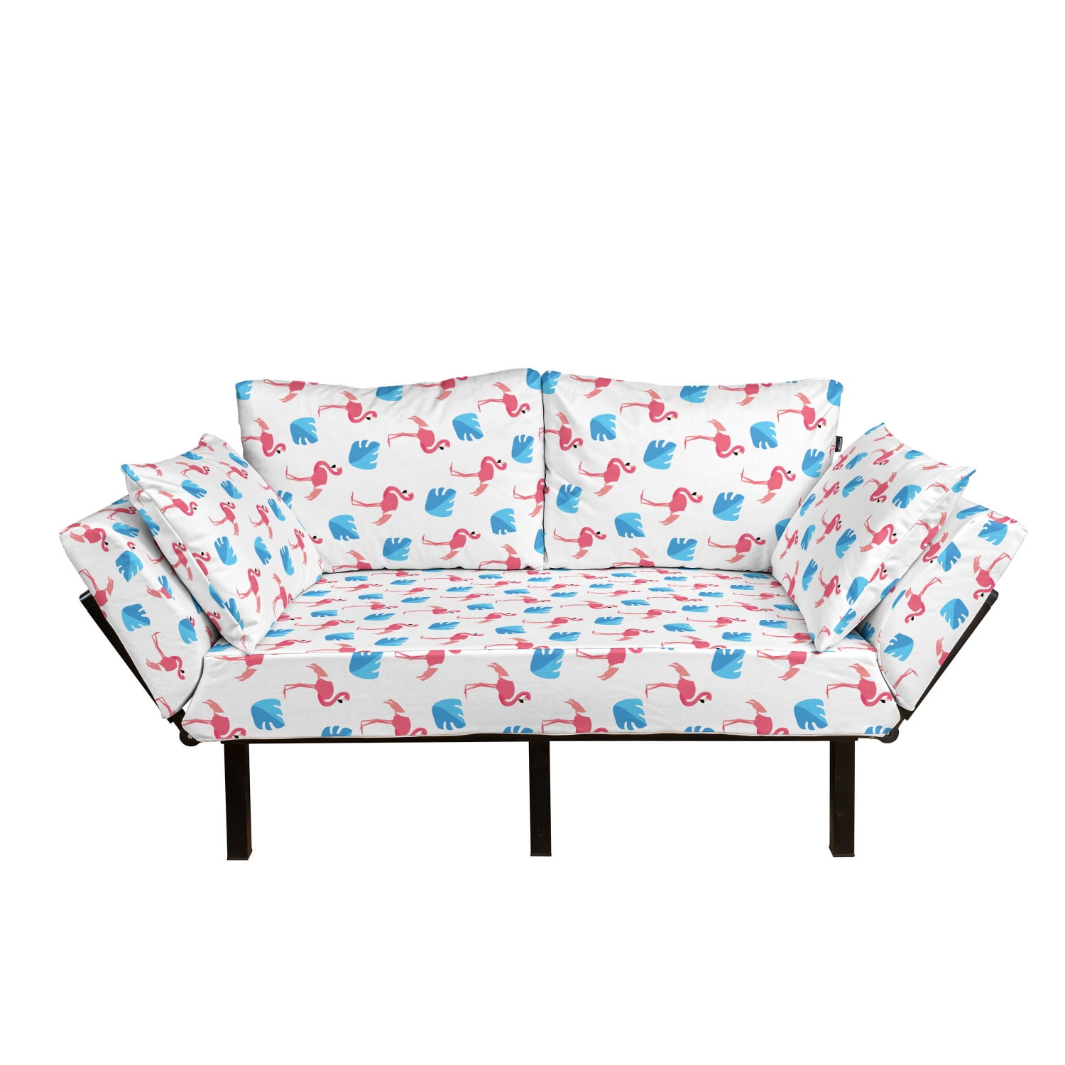 Tropical Futon Couch, Pink Flamingo Birds and Blue Palm Trees Pattern